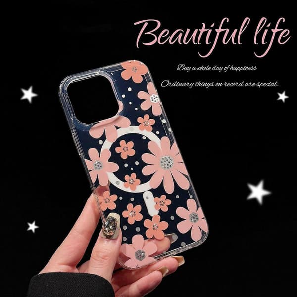 Magnetisk IMD blomstermønster TPU+PC klart bakdeksel til iPhone 16 Pro Max Multicolor Style C