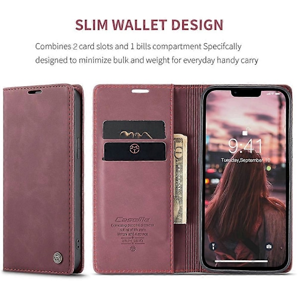 CASEME 013 Serie Til iPhone 15 Plus PU Læder Telefon Cover Foldbart Stativ Wallet Cover Multicolor Style E