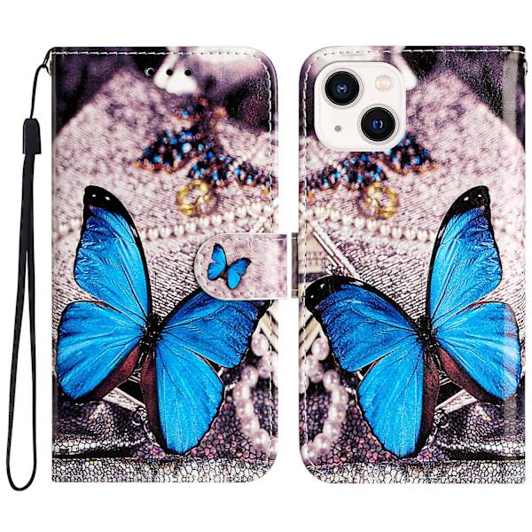 För Iphone 15 Plus Pu Läder Case Mönster Skrivbord Cover Blue Butterfly
