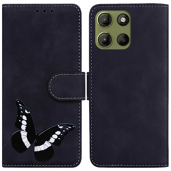 Til Motorola Moto G15 4G Stand Case PU Læder Telefon Cover Sommerfugl Printet Multicolor Black