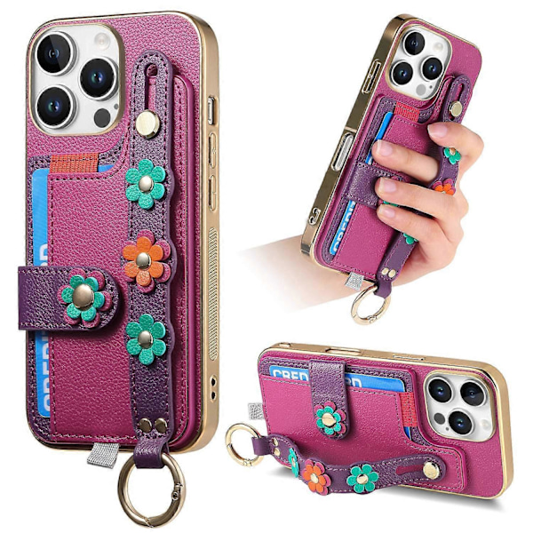 W2 iPhone 16 Pro -kotelo korttipidikkeellä, nahkainen takakansi, 3D-kukka rannekoru - Vihreä Multicolor Purple