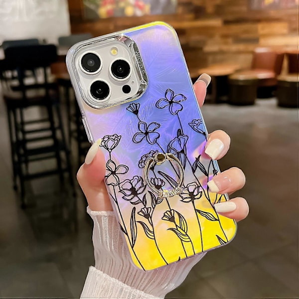 Blommig Lasertextur Skal för iPhone 15 Pro Max med Ringstativ Multicolor Style C