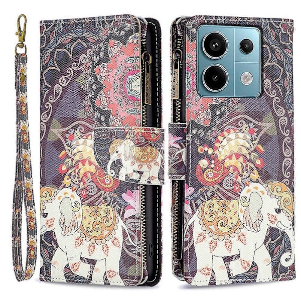BF03 Mønsteretui med lynlås i PU-læder til Xiaomi Redmi Note 13 Pro 4G/Poco M6 Pro 4G Multicolor Flowers and Elephant