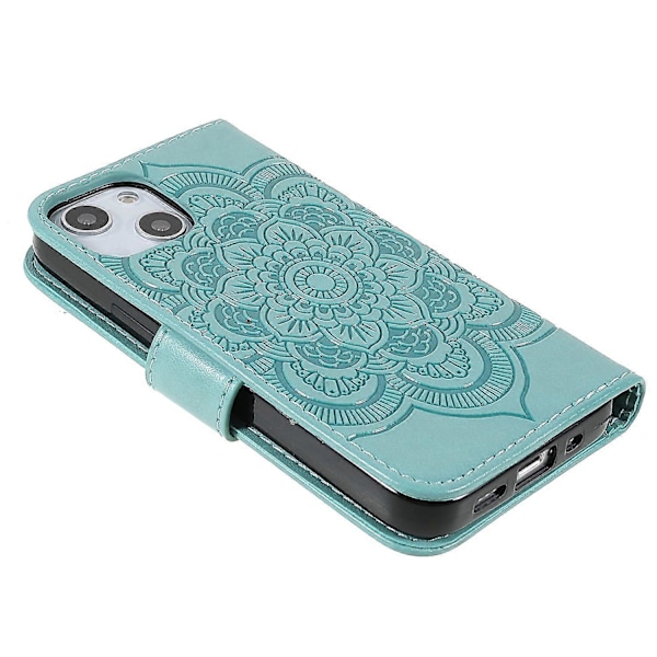 Präglad Mandala Blomma PU Läder Telefonställ Skydd Plånboksfodral med Rem för iPhone 13 6.1 tum Multicolor Style H