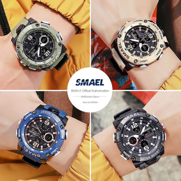 Smael Dual Time Led Display Digital watch För män Vattentät Simning Quartz Sportklockor Auto Date Alarm Clock Armbandsur 8039 Khaki-Box