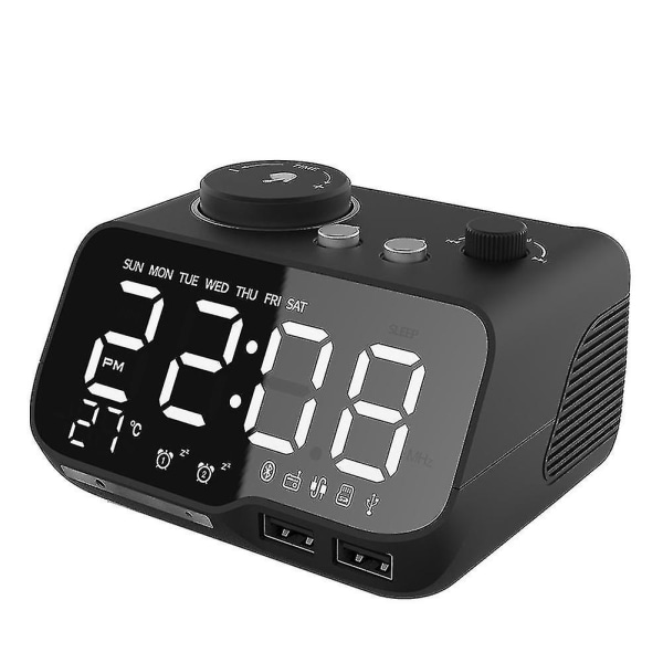 USB Oplader LED Digital Vækkeur med FM Radio, (sort) EU Stik A