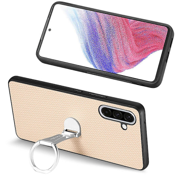 Samsung Galaxy A36 5G -kotelo, taitettava jalusta, nahkainen takakansi, hiilikuitukuvio Multicolor Apricot
