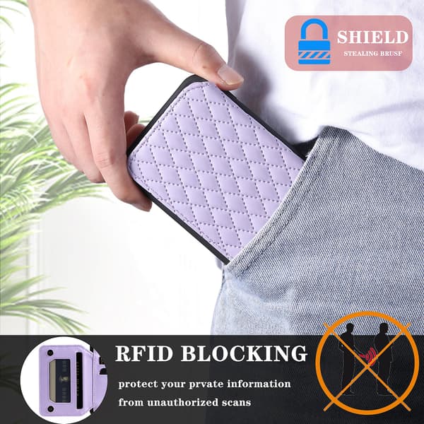 For iPhone 15 Plus RFID-blokkerende støtsikkert deksel Anti-fall PU+TPU telefondeksel med stropper Purple