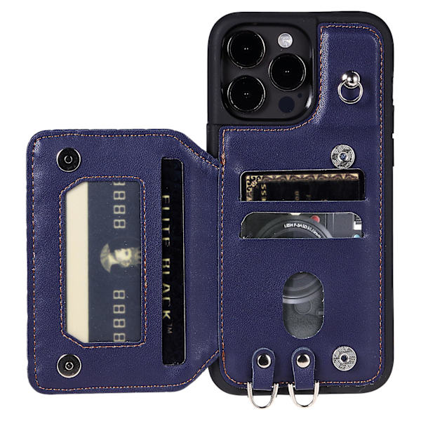 Phone case för Iphone 15 Pro Max Rfid Blocking Pu Läderbelagd TPU-skal med handledsrem Blue