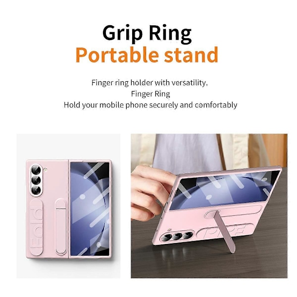 Samsung Galaxy Z Fold5 5G -kotelo, jossa on jalusta, ranneke, PC-puhelinkuori ja karkaistu lasikalvo - Harmaa Multicolor Pink