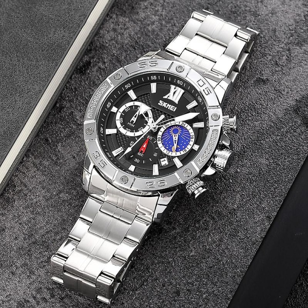 Skmei 9235 Men Moonphase Stoppur Quartz Watch Silver Black