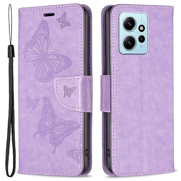 Wallet Stand Case til Xiaomi Redmi Note 12 4G Sommerfugl Præget Læder Telefon Cover med Rem Multicolor Style F