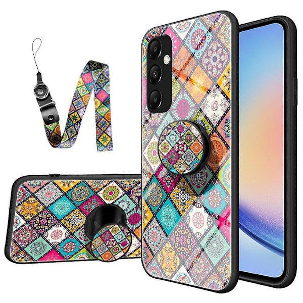 Til Samsung Galaxy A35 5G Støtteben Etui Hærdet Glas+PC+TPU Telefon Cover Multicolor Checkered Pattern