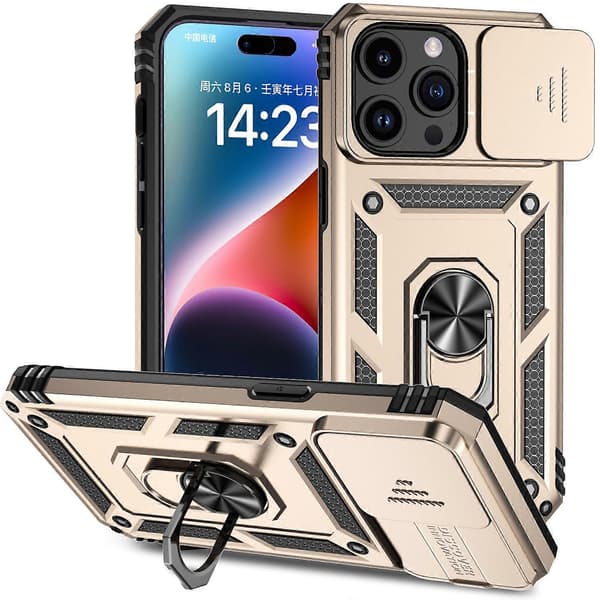 For iPhone 15 Pro Max Deksel Ring Stativ Skyvbar Kamerabeskyttelse PC+TPU Cover Multicolor Style E