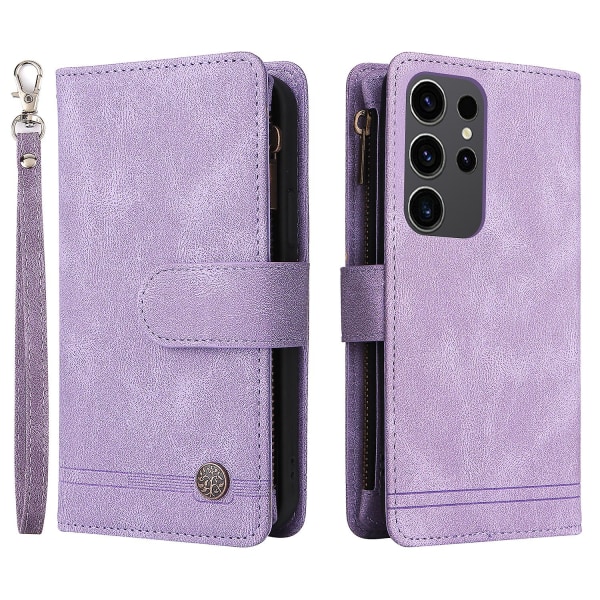 Blixtlåsficka Flip Läder skyddande phone case för Samsung Galaxy S24 Ultra Purple