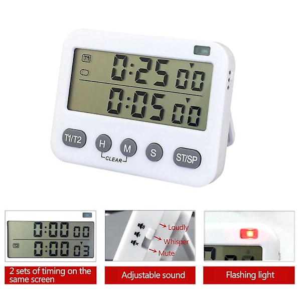 Dobbelt Digital Timer med 3-niveau Justerbar Alarm Lydstyrke On/Off Kontakt