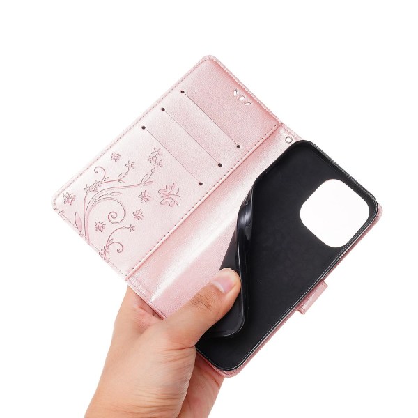 För Iphone 15 Plus Pu Läder Cover Phone case Imprinted Butterflies Shell Stand with rem Rose Gold
