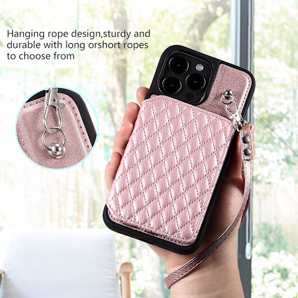 Stötsäkert case för Iphone 15 Pro Rfid Blockering anti-scratch Pu+tpu cover med remmar Rose Gold