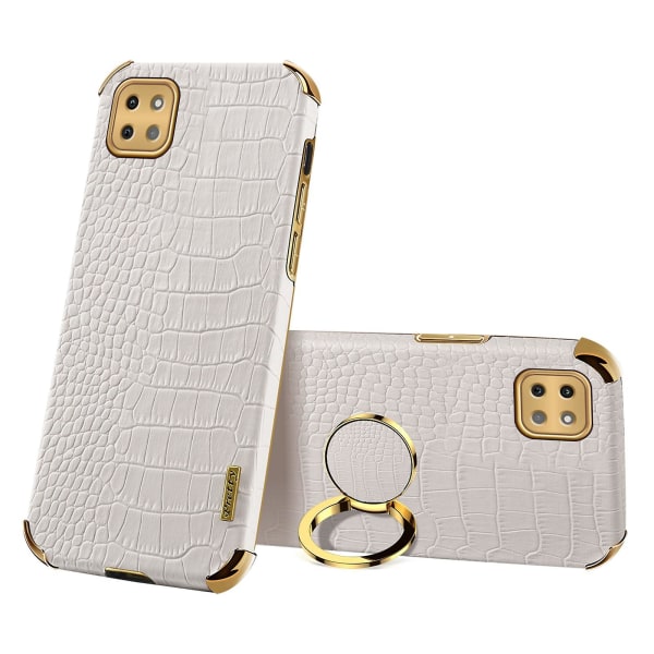 Samsung Galaxy A22 5G (EU-versio) krokotiilinnahkajäljitelmä PU-nahkapäällysteinen TPU-kotelo galvanoidulla sormuksella ja jalustalla White