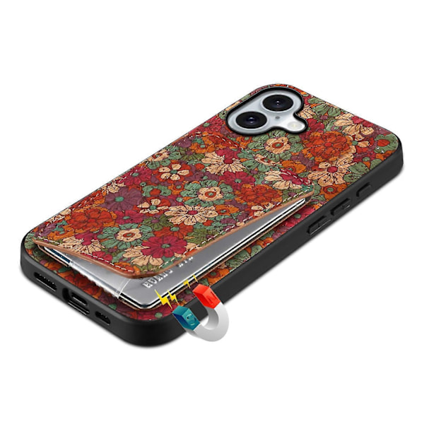 Til iPhone 16 Etui med Kortholder Blomsterdesign Læder Telefon Cover Støttefod Multicolor Style D