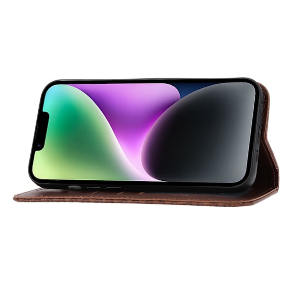 Til Iphone 14 Anti-ridse Kalvetekstur Magnetisk Tegnebog Pu Læder Etui Præget Rombe Mønster Stå Cover Med Rem Brown