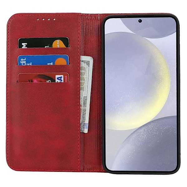 Til Samsung Galaxy S25 Etui PU Læder Kalvepræget Magnetisk Lukning Smartphone Cover - Mørkebrun Multicolor Red