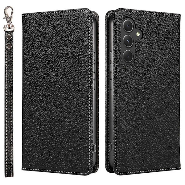 Til Samsung Galaxy A26 5G Etui Magnetisk Litchi Tekstur Tegnebog Læder Telefon Cover med Håndledsrem Multicolor Black
