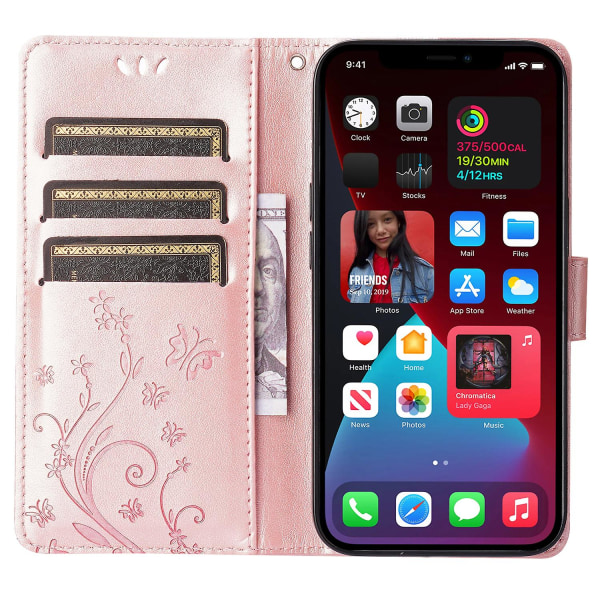 För Iphone 15 Plus Pu Läder Cover Phone case Imprinted Butterflies Shell Stand with rem Rose Gold