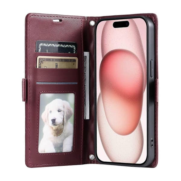 Læderetui med rombemønster, pung og stativ til iPhone 15 Pro med håndledsrem Multicolor Wine Red