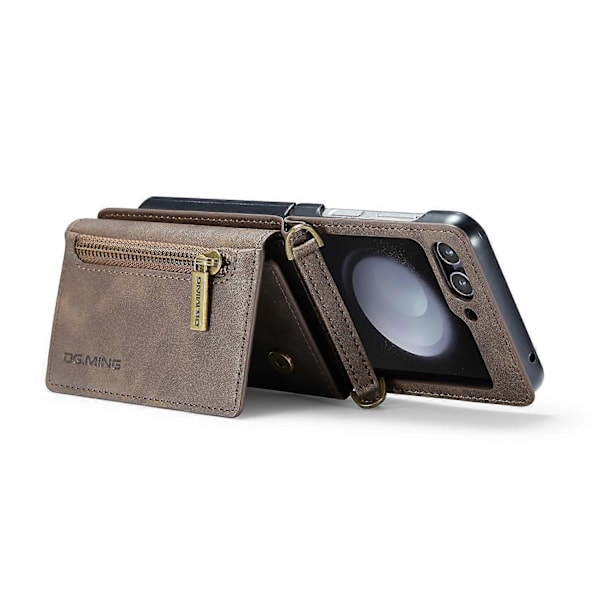 DG.MING M5 Serie til Samsung Galaxy Z Flip6 5G Etui RFID-blokering Kortpladser PU+PC Telefoncover Multicolor Coffee