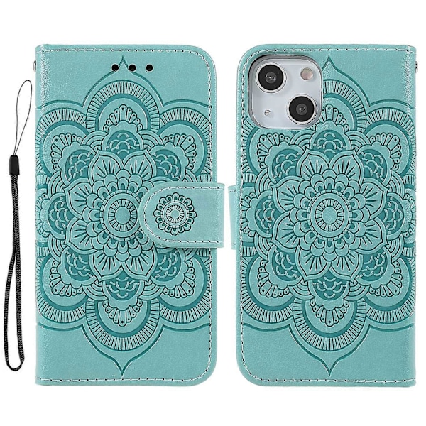 Präglad Mandala Blomma PU Läder Telefonställ Skydd Plånboksfodral med Rem för iPhone 13 6.1 tum Multicolor Style H