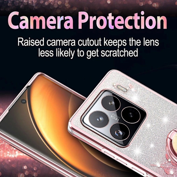 KADEM Deksel til Xiaomi 15 Pro med Ringstøtte TPU Blomster Telefondeksel Gradient Glitter Multicolor Rose Gold