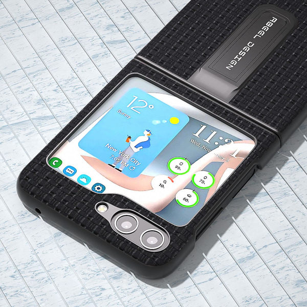Luksuriøst tekstureret cover med støttefod i ægte okselæder + PC-telefoncover til Samsung Galaxy Z Flip5 5G Black