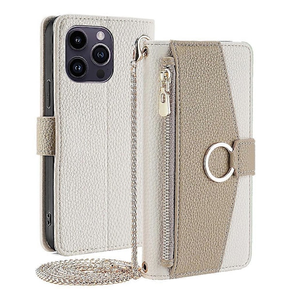 För iPhone 15 Pro PU Läder Ringhållare Telefonfodral Plånboksställ Fullt Skydd Skal med Sminkspegel Multicolor Style C