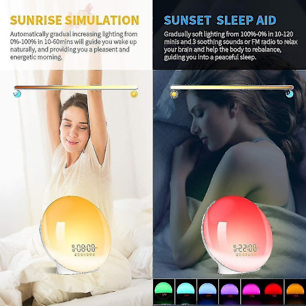 Väckarklocka Väckningsljus med soluppgång Solnedgång Simulering Dubbla larm Nattlampa vid sängen Snooze funktion