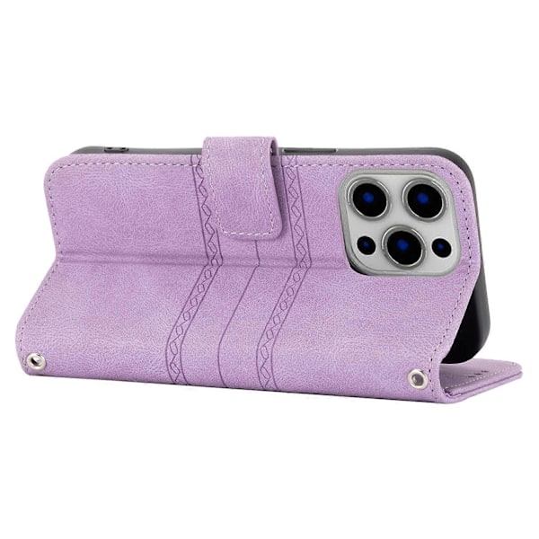 For iPhone 15 Pro Max Deksel Preget Lær Stativ Støtsikkert Telefondeksel med Stropp Multicolor Style A