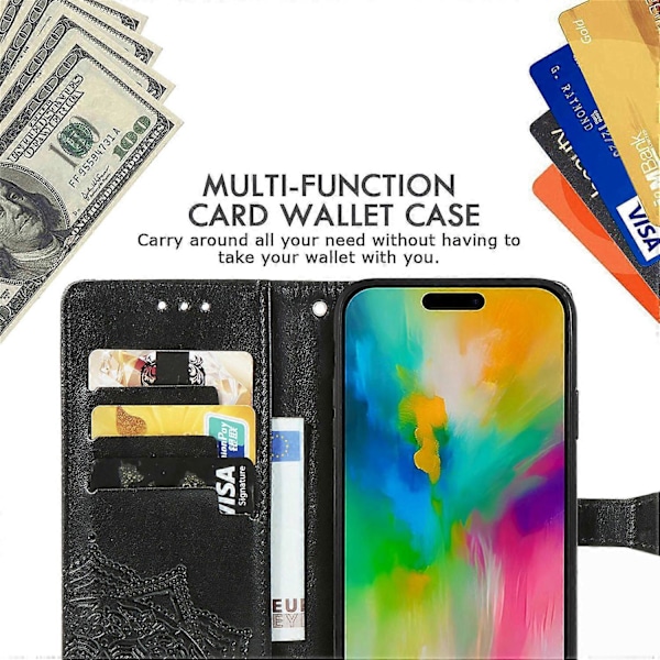Til iPhone 16 Pro Max Wallet Case Mandala Blomst Læder Telefon Cover Stativ View-Grøn Multicolor Black