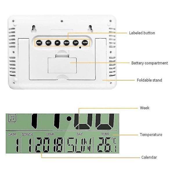 Digitalt Ur Med Kalender & Temperatur, LCD-Skærm Med Ekstra Cifre, Let At Læse Og Indstille