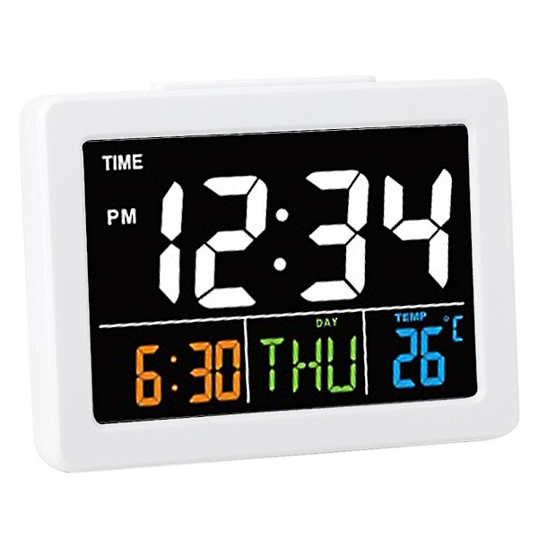 Värinäytöllinen LCD-elektroninen pöytäkello lämpötilan ja päivämäärän näytöllä white