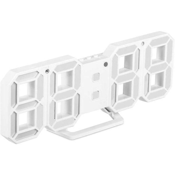 Valkoinen 3D digitaalinen herätyskello, seinälle asennettava LED-numeroaikakello 3 automaattisella kirkkaustasolla, LED-elektroninen kello torkkutoiminnolla, moderni yövalo