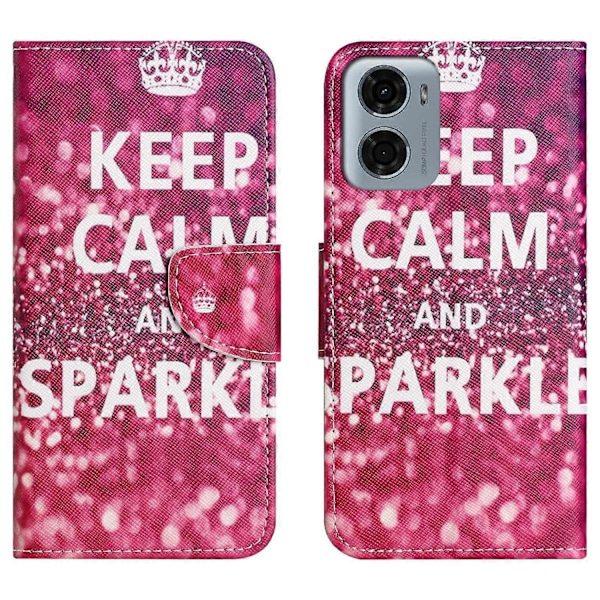 Læderetui med mønstertryk og krydset tekstur til Motorola Moto E15 4G/G05 4G Multicolor Keep Calm and Sparkle