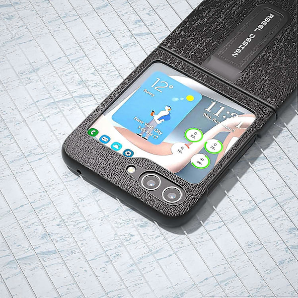 Til Samsung Galaxy Z Flip5 5G Trætekstur Bagside PU Læder+PC Støtteben Telefon Cover Multicolor Style D