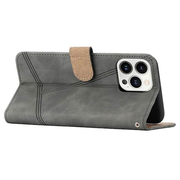 Retro PU læder wallet cover til Iphone 15 Pro - Hudvenlige linjer præget telefoncover med stativ Grey