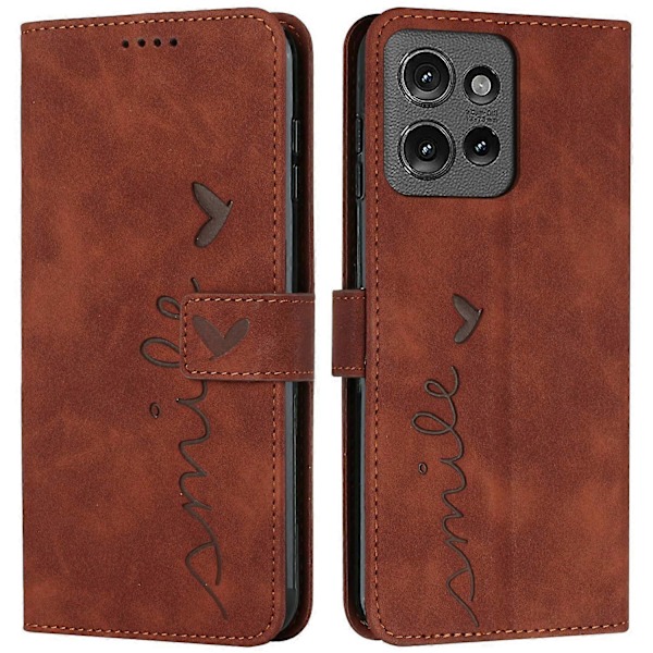 Til Motorola Moto G 5G (2025) Etui Visningsstativ PU Læder Telefon Cover Præget Hjerte Mønster Multicolor Brown