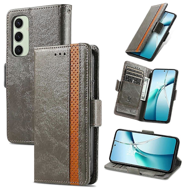 CASENEO 002 -sarja Samsung Galaxy S24 FE -kotelolle, jalustallinen lompakkokotelo, yhdistetty PU-nahkakansi - Tummanruskea Multicolor Grey