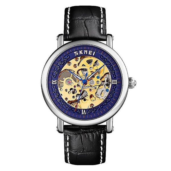 Skmei 9229 Automatic Hollow Mechanical Watch Silver Shell Blue Face
