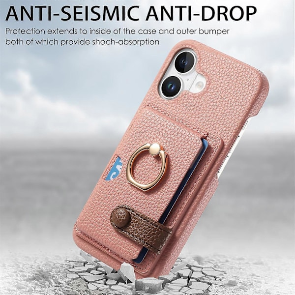 Y2 Fodral till iPhone 16 med Ringhållare, Ställ, Kortfack, Läder Skal - Date Apricot Multicolor Pink
