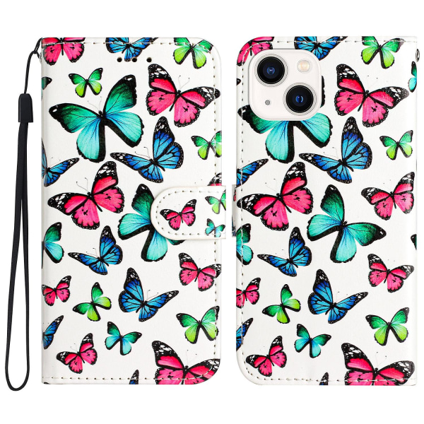 För Iphone 15 Plus Pu Läder Case Mönster Skrivbord Cover Butterflies