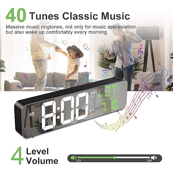 Digital väckarklocka, väggklocka Morgonväckarklocka Led digital spegel Stor skärm med datumtemperatur, 2 larm, 40 musik, 6 dimbara ljusstyrkor,