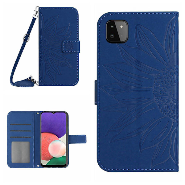 Til Samsung Galaxy A22 5g (EU Version) Ht04 Præget Solsikke Pu Læder Smartphone Cover Stativ Stødsikker Hud-venlig Telefon Wallet Etui Med Skulderrem Sapphire